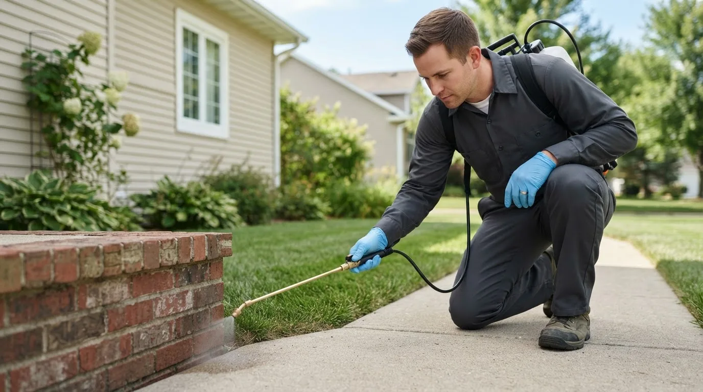 Pest control technician treating a home near Evansville, MN