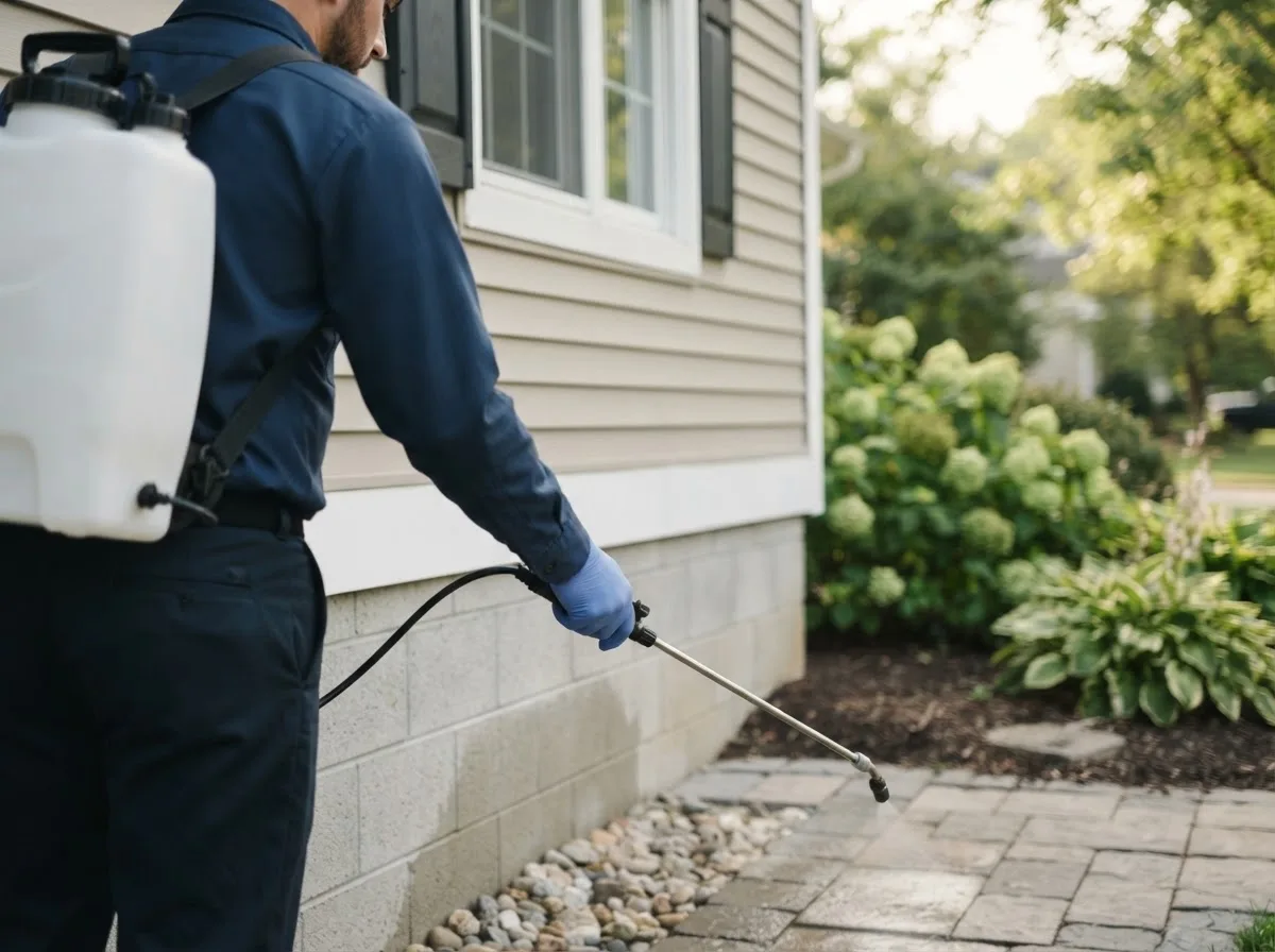 Pest control technician inspecting a home in Evansville, MN